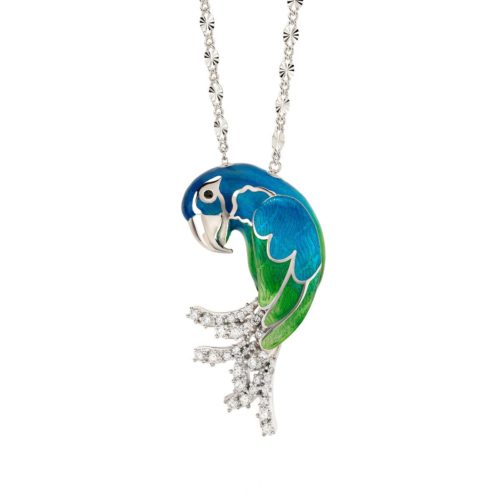 Silber emaillierte mittelgroße Halskette mit Papageienanhänger
