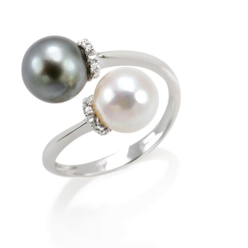 Contrariè-Ring aus 18 Kt Weißgold mit Diamanten und 7,50–8 mm weißen und schwarzen Meeresperlen - AD695-4B
