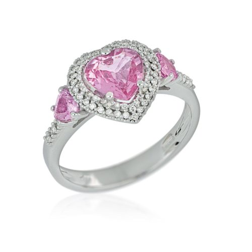 Ring aus 18 Kt Weißgold mit Diamanten und herzförmigen rosa Saphiren - AD921/ZR-LB