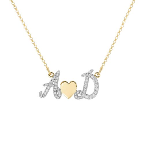 Doppelte Initialenkette mit Diamantpavé aus 18 kt Gold, verbunden durch ein Herz - CD12/ID