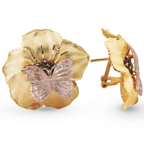 Petunia-Ohrringe mit zweifarbigem Schmetterling aus satiniertem 18 Kt Gold - OE3932