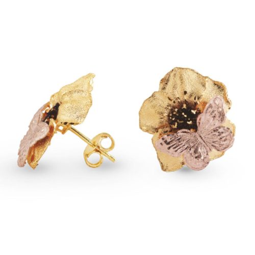 Petunia-Ohrringe mit zweifarbigem Schmetterling aus satiniertem 18 Kt Gold - OE4094