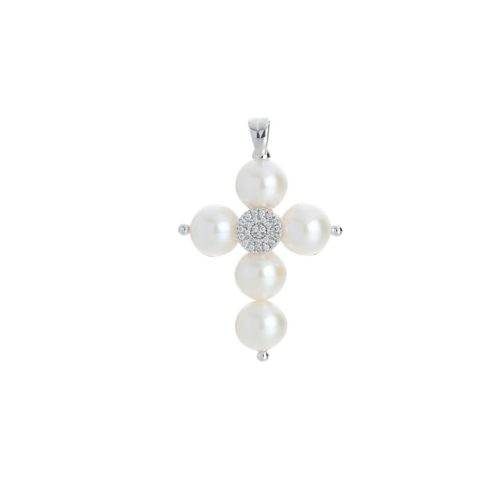 Anhänger aus 18 Kt Weißgold, Kreuz mit Perlen und Diamanten - PD010-LB