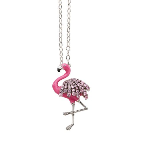 Kleine Flamingo-Halskette aus 925er Silber, rhodiniert, rosa Emaille, Cubic Zirkonia - ZCL1293-MB