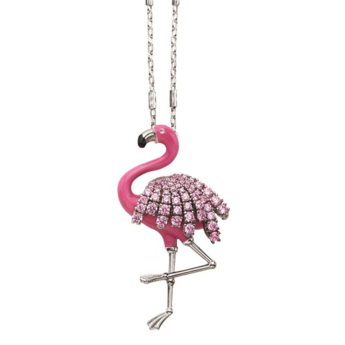Große Flamingo-Halskette aus 925er Silber, rhodiniert, mit rosa Emaille, Cubic Zirkonia - ZCL1294-MB