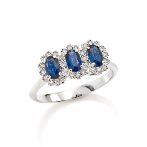 Trilogie-Ring aus 18 Kt Weißgold mit Diamanten und Edelsteinen - AD587