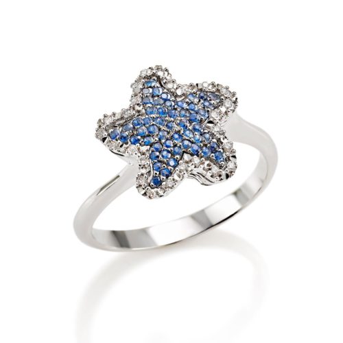 Stern-Ring aus 18 Kt Weißgold mit Diamant-Pavé und Edelsteinen - AD607