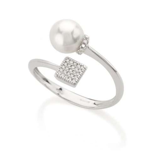 Contrariè-Ring aus 18 Kt Weißgold mit quadratischem Diamant-Pavé und 7–7,50 mm großer Meeresperle - AD720-4B