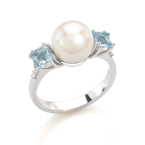 Ring aus 18 Kt Weißgold mit Aquamarin, Diamanten und Meeresperle, 8,50–9 mm - AD785/AC-LB