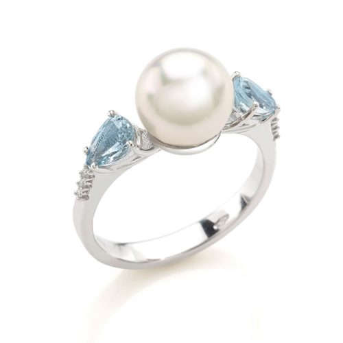 Ring aus 18 Kt Weißgold mit Aquamarin, Diamanten und Meeresperle, 8,50–9 mm - AD786/AC-LB