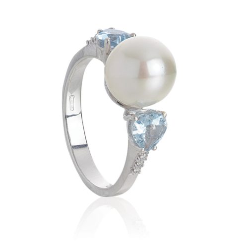 Ring aus 18 Kt Weißgold mit Aquamarin, Diamanten und Meeresperle, 8,50–9 mm - AD787/AC-LB