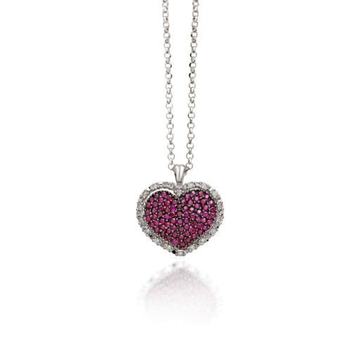Herzkette aus 18 Kt Weißgold mit Diamant-Pavé und Edelsteinen - CD342