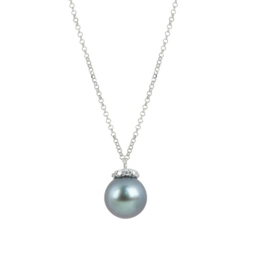 Halskette aus 18 Kt Weißgold mit Diamanten und schwarzer Meeresperle, 8-8,50 mm - CD468-4B