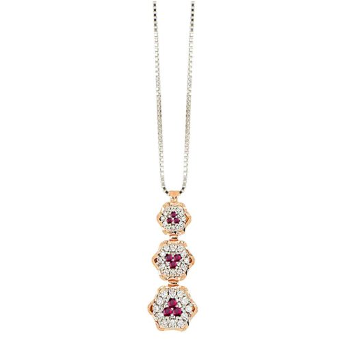 Halskette mit Blumenmotiv-Anhänger aus 18 kt Gold mit natürlichen weißen Diamanten und Edelsteinen - CD703