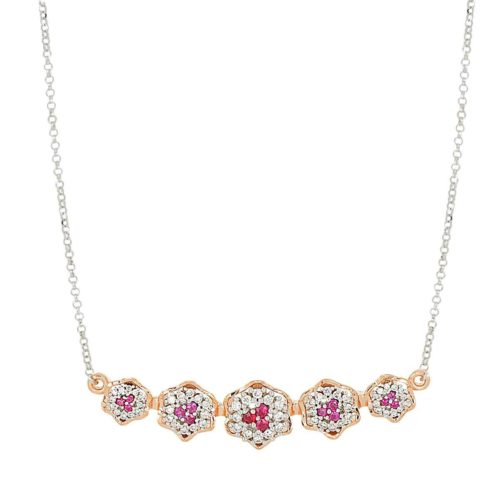 Halskette mit Blumenmotiv-Anhänger aus 18 kt Gold mit natürlichen weißen Diamanten und Edelsteinen - CD714