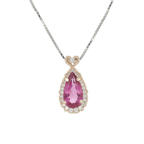 Halskette aus 18-karätigem Weißgold mit Diamanten und natürlichem rosa Turmalin im Tropfenschliff - CD720/TR-LH