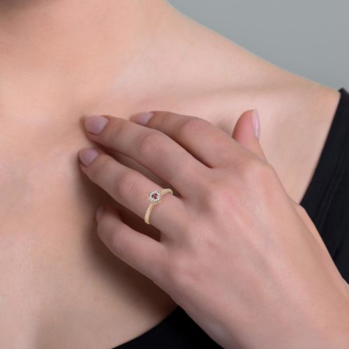 Solitär-Blumenring aus 18 kt Gold mit natürlichen weißen Diamanten und Edelsteinen