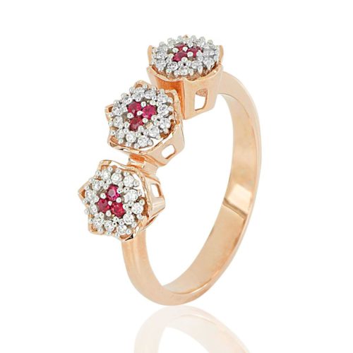 Blumen-Trilogie-Ring aus 18 kt Gold mit natürlichen weißen Diamanten und Edelsteinen