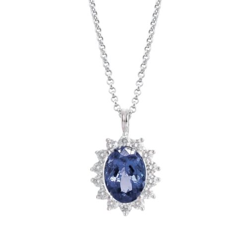 Halskette aus 18 Karat Weißgold mit Diamanten im Ovalschliff und Tansanit