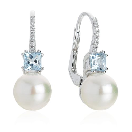 Hakenohrringe aus 18 Kt Weißgold mit Aquamarinen, Diamanten und Meeresperlen 8,50-9 mm - OD392/AC-LB