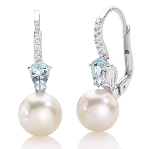 Hakenohrringe aus 18 Kt Weißgold mit Aquamarin, Diamanten und Meeresperle 8,50 - 9 mm - OD396/AC-LB