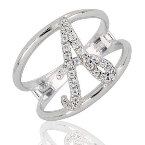 Ring aus 925er rhodiniertem Silber mit Initialen oder Zirkonbuchstaben in Kursivschrift - Alle Initialen verfügbar - ZAS4